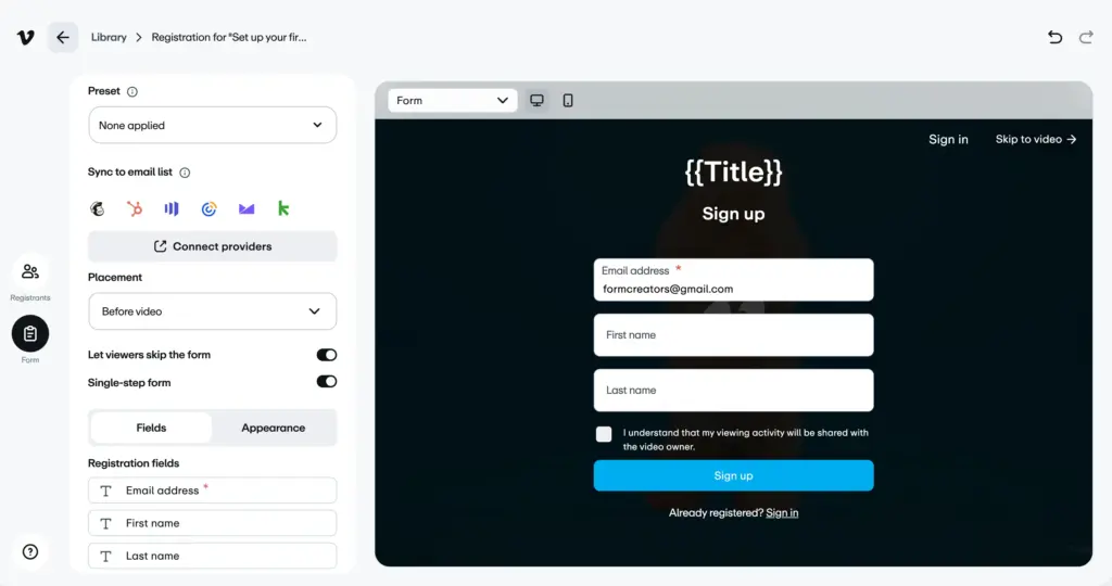 Lead capture in Vimeo