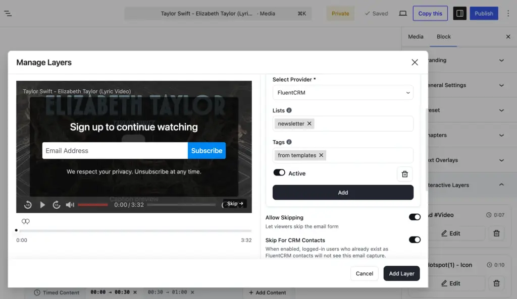 collect lead email and send them to your CRM contacts using FluentPlayer