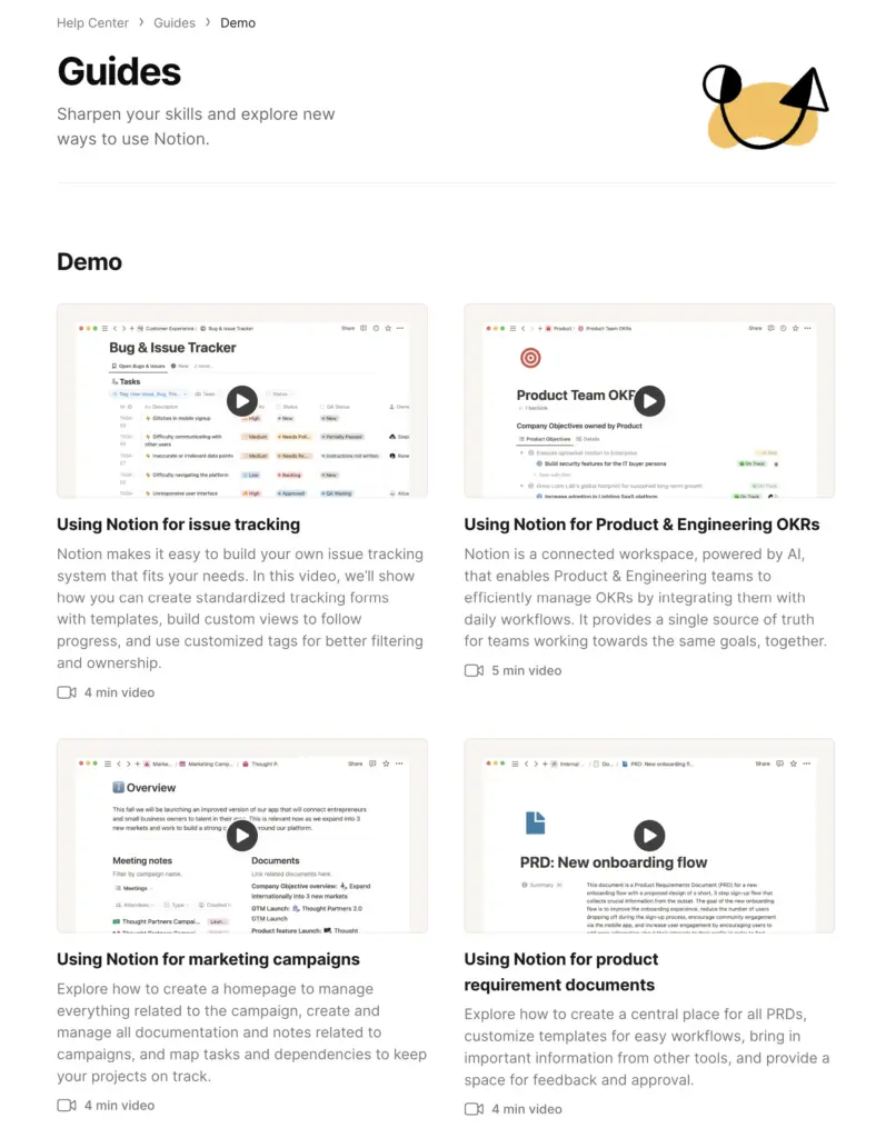 Notion's video guides that provides unmatched video experience for new users