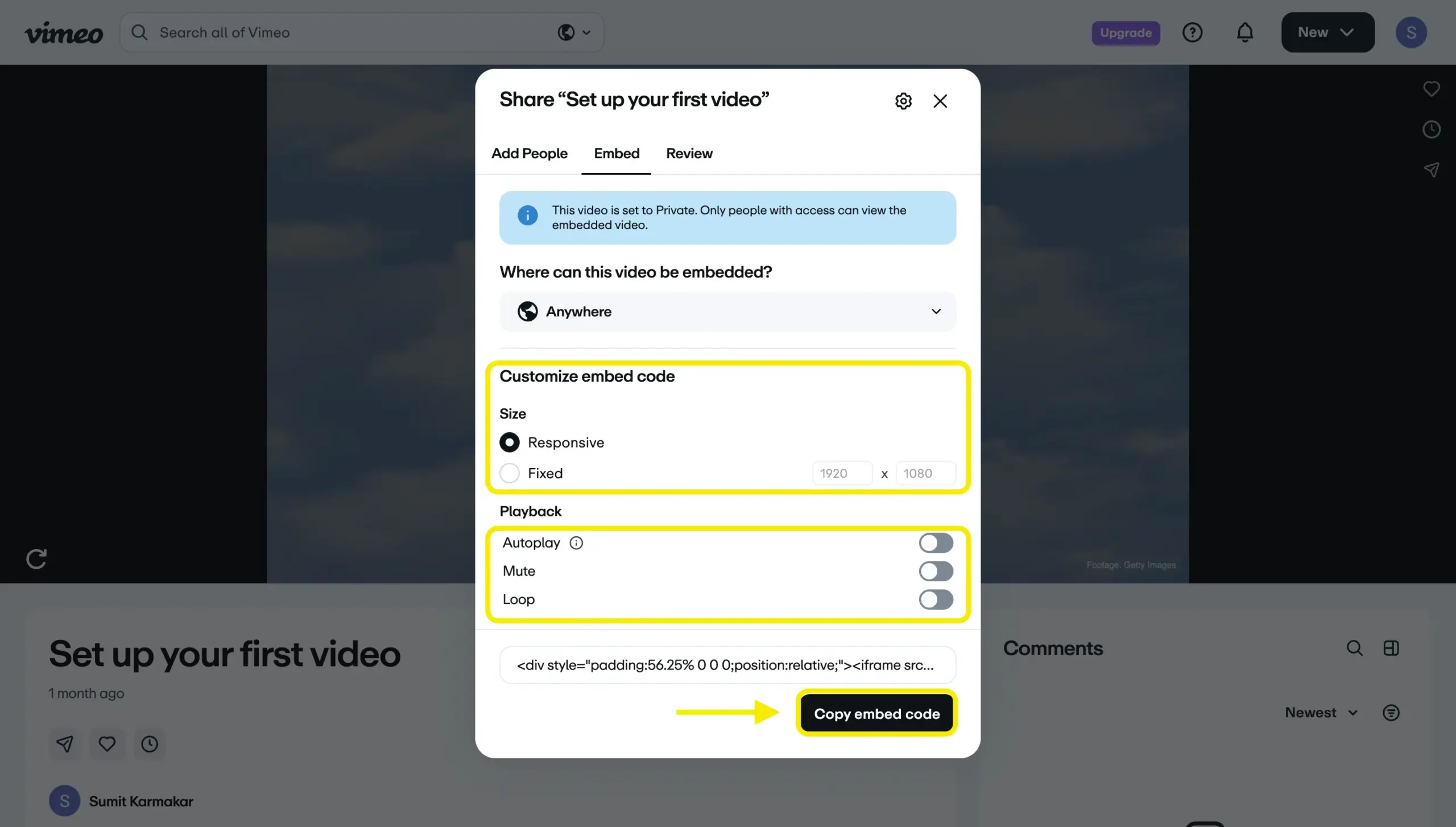Vimeo Video in WordPress - customizing embed on Vimeo: Size, Playback, Autoplay, Mute, Loop, and Copy embed code options