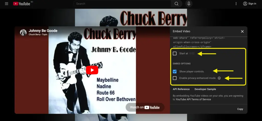 iFrame enables controls such as: show/hide player, start at, privacy enhanced mode.