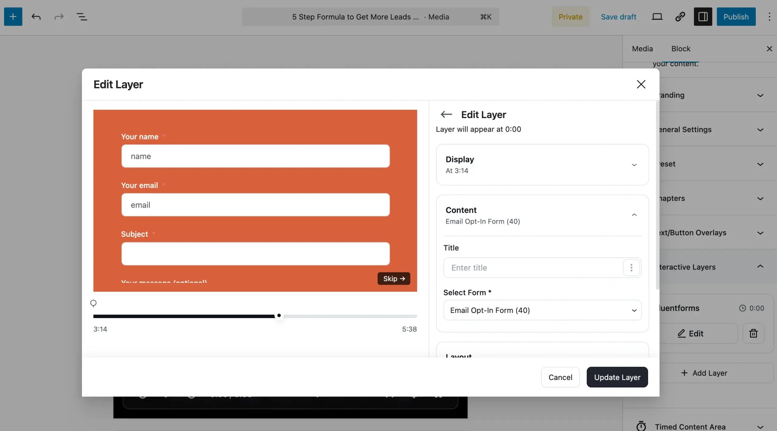  FluentPlayer Interactive Layers panel showing Fluent Forms form selection dropdown with timestamp field