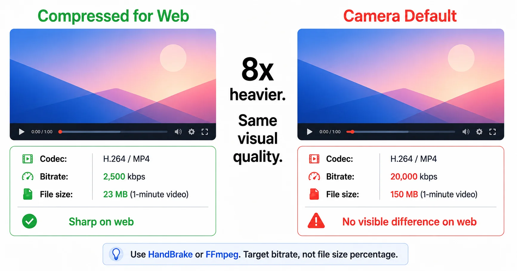 Side by side comparison showing a video at 2500 kbps versus 20000 kbps with identical visual quality but 8x file size difference