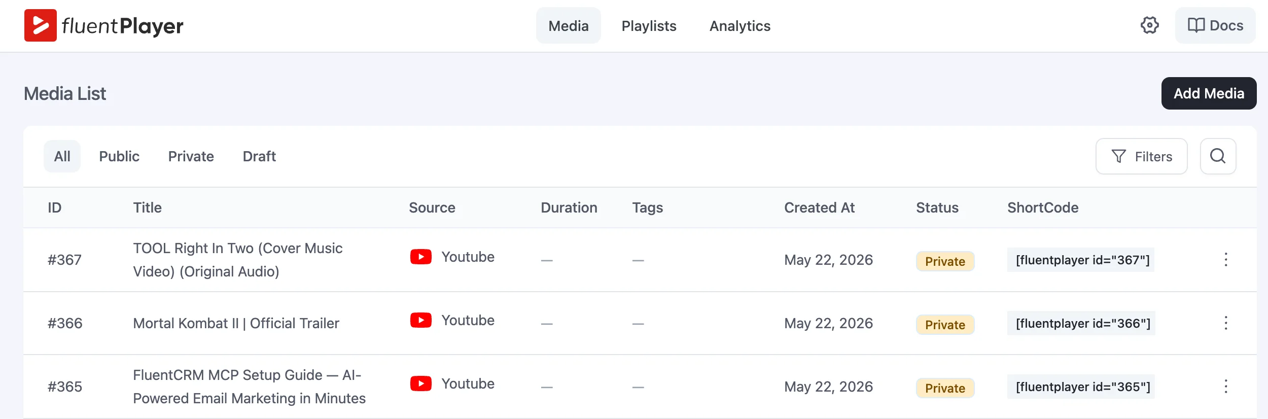 FluentPlayer Media List showing 3 imported YouTube videos with status, source, and shortcode columns