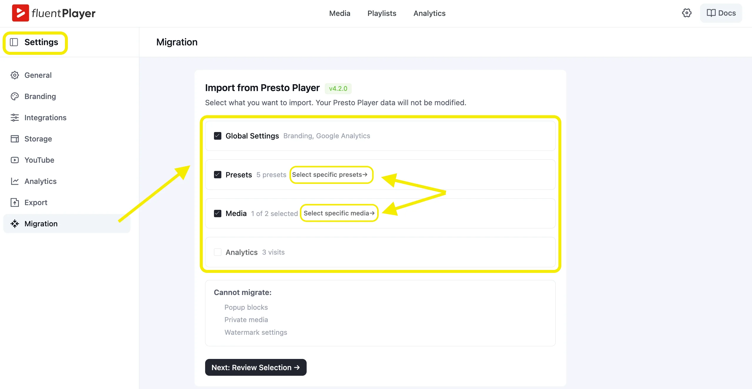 FluentPlayer Settings panel showing Migration tab with Import from Presto Player options for Global Settings, Presets, and Media