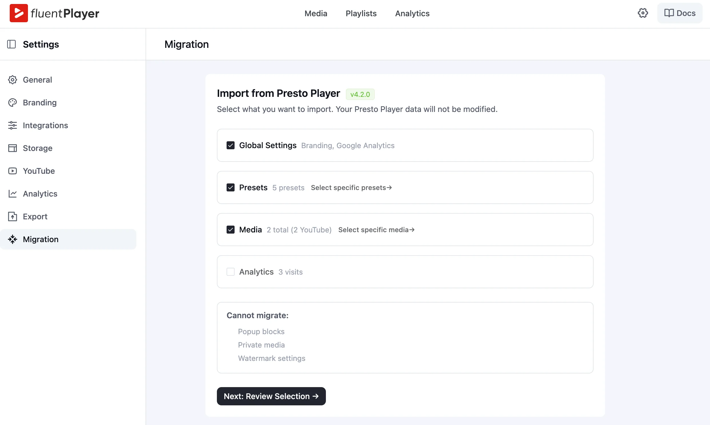 FluentPlayer Migration screen showing full import options including Global Settings, Presets, Media, Analytics, and Cannot migrate section