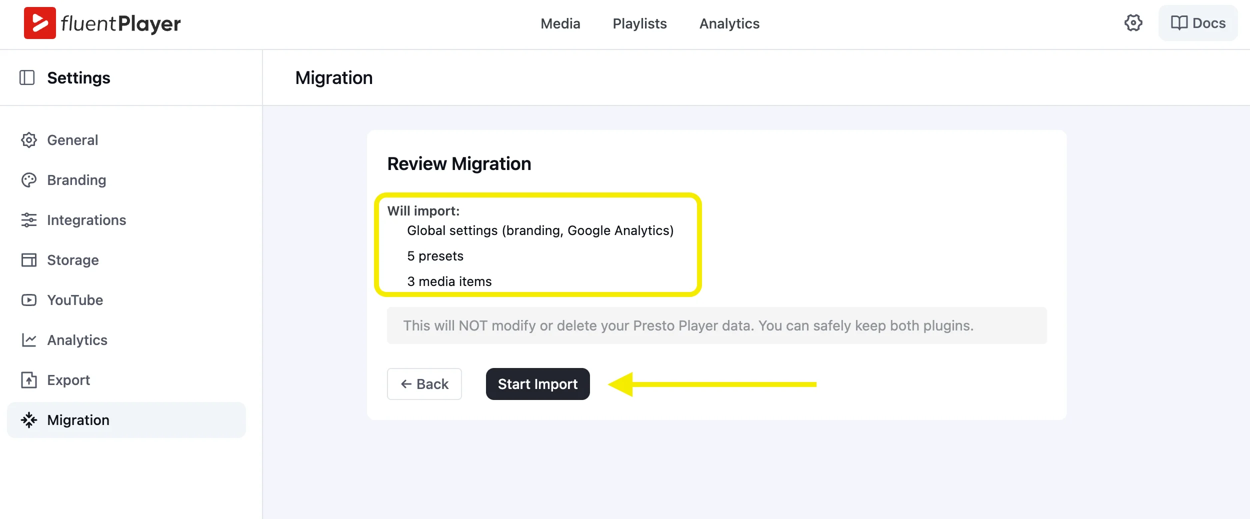 FluentPlayer Review Migration screen showing summary of items to be imported with Start Import button