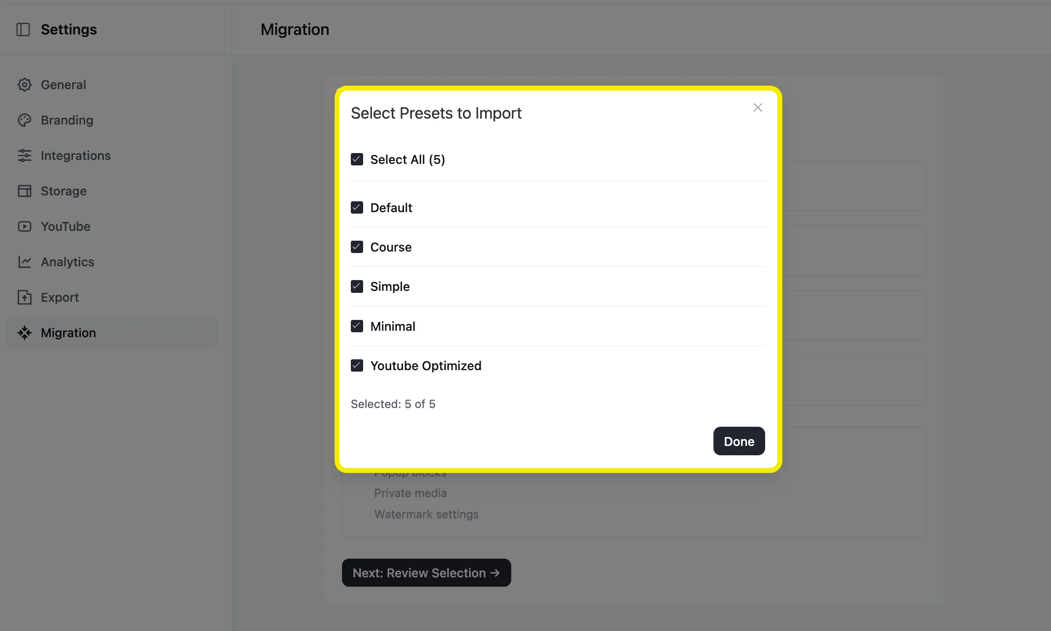 Select Presets to Import modal in FluentPlayer showing all 5 presets selected: Default, Course, Simple, Minimal, Youtube Optimized